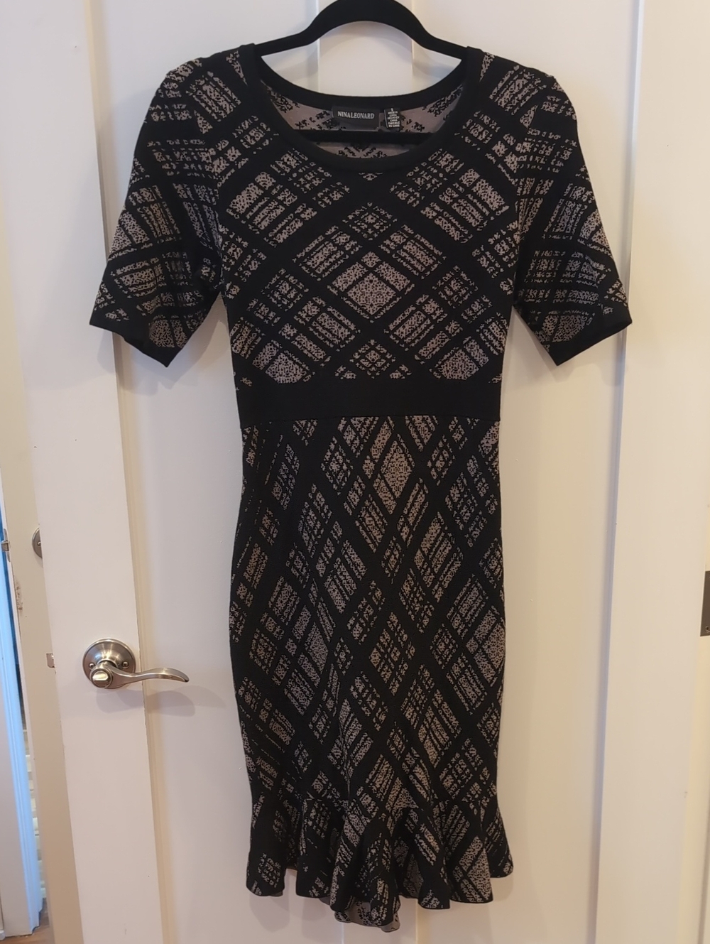 Kensie Black and Taupe Plaid Knit Midi Dress